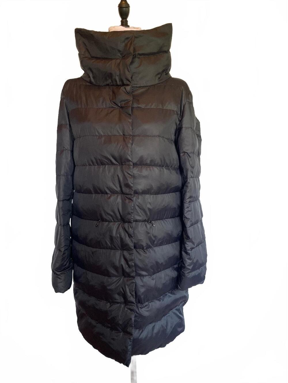Eileen Fisher Black Down Puffer Coat XS Long Oversized Funnel Collar Longline
